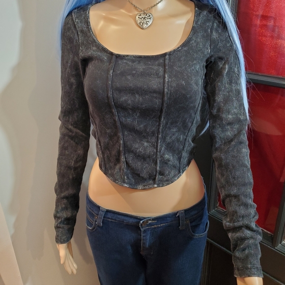 Divided Dark Faded Corset Front Long Sleeve Top No Wire - Picture 3 of 7